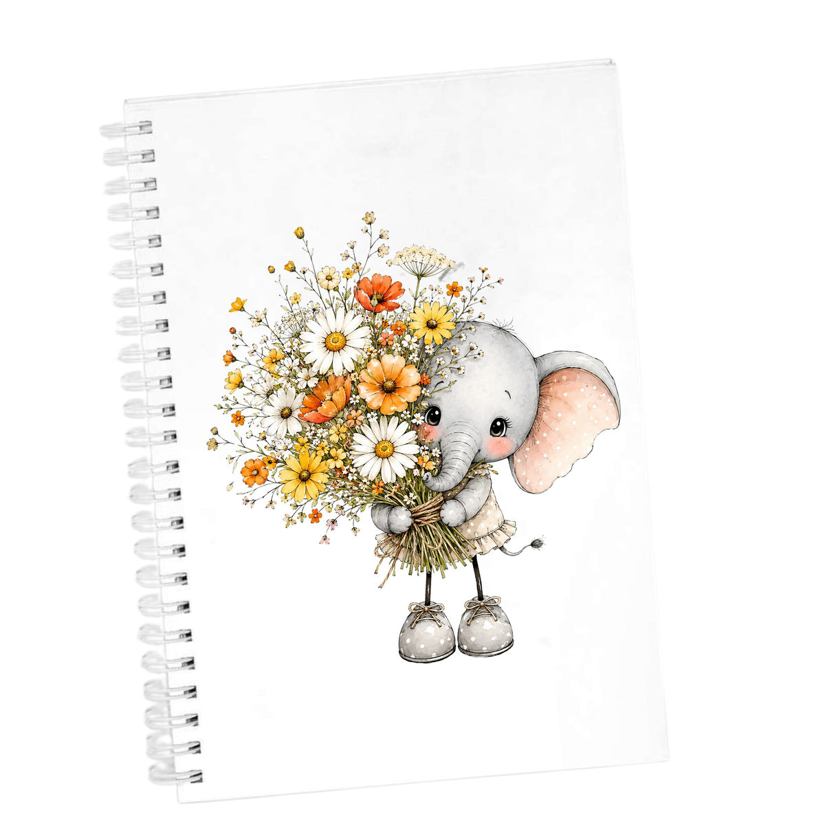 Baby Elephant Holding Daisy Bouquet UV DTF sticker applied to the cover of a white spiral journal