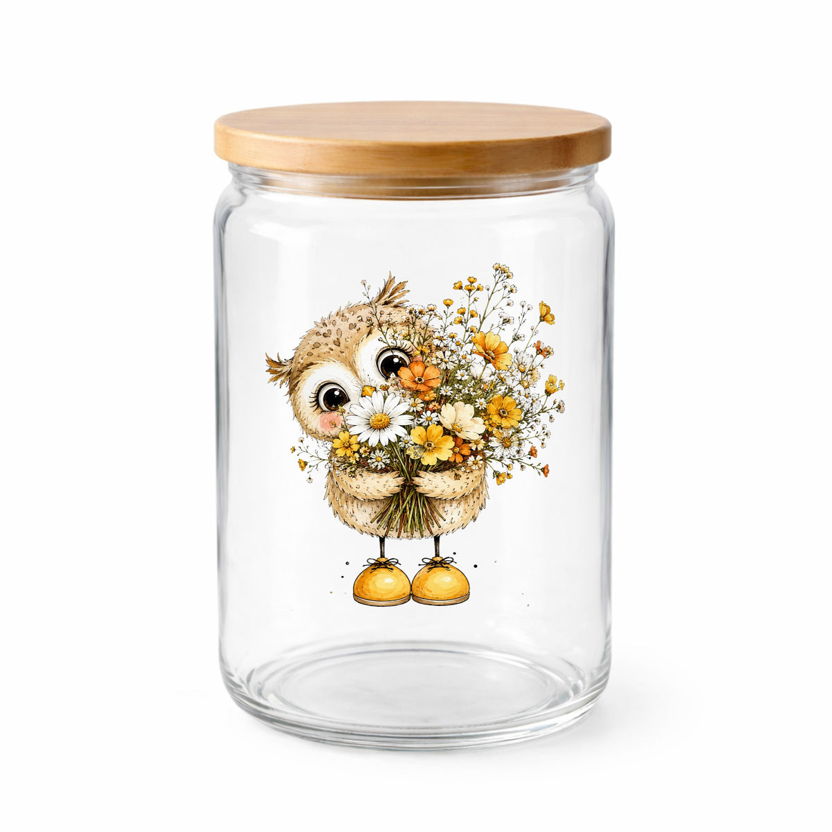 Baby Owl Holding Wildflower Bouquet UV DTF sticker applied to a clear glass jar with a wooden lid