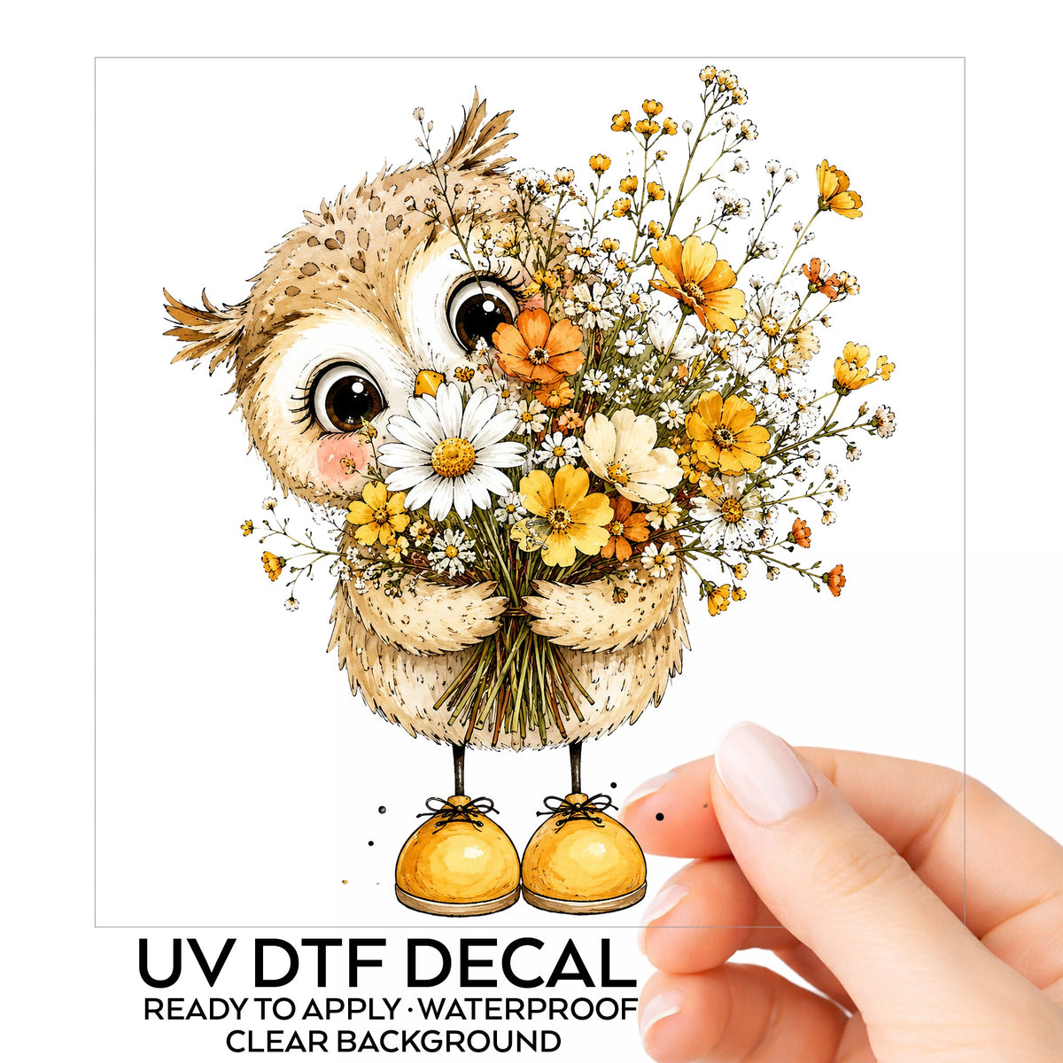 Baby Owl Holding Wildflower Bouquet UV DTF sticker on its backing card, held in hand