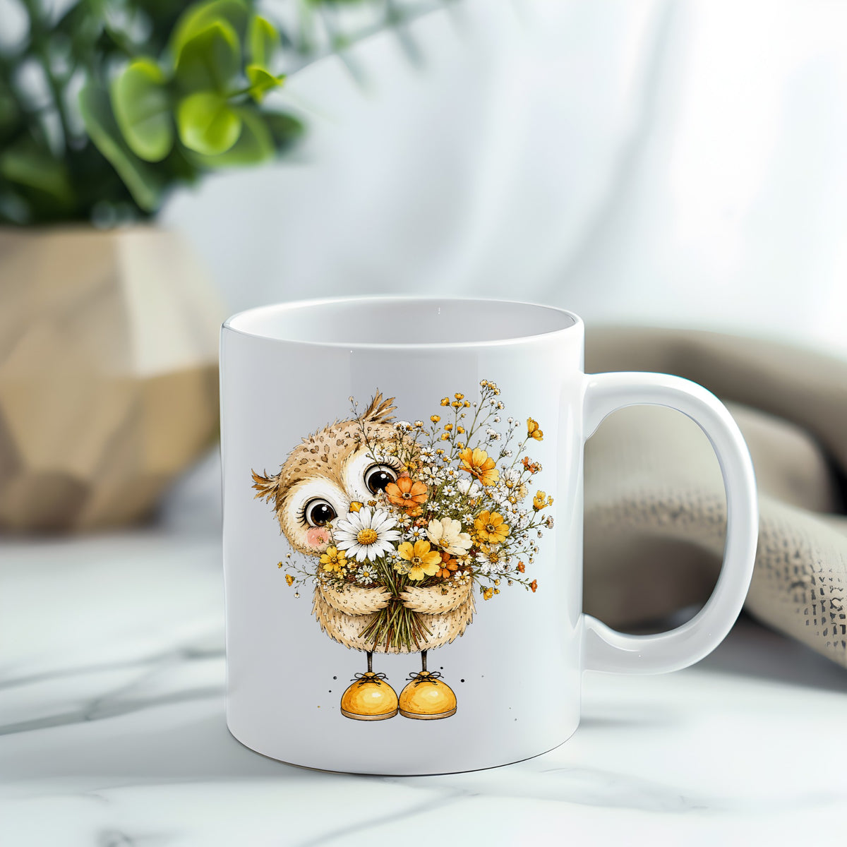 Baby Owl Holding Wildflower Bouquet UV DTF sticker applied to a white coffee mug