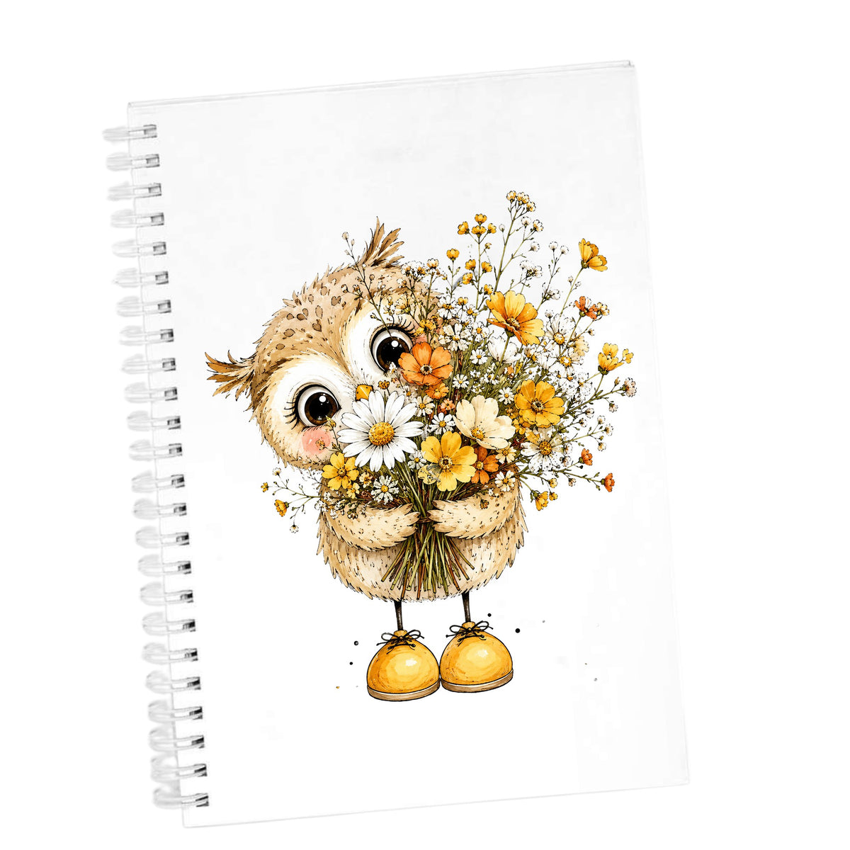 Baby Owl Holding Wildflower Bouquet UV DTF sticker applied to the cover of a white spiral journal
