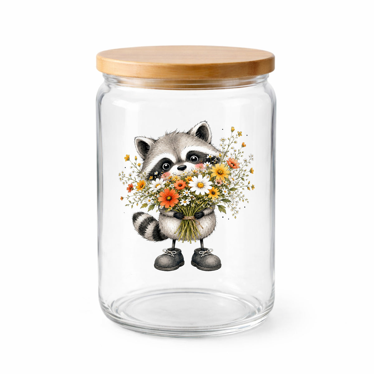 Raccoon Holding Wildflower Bouquet UV DTF sticker applied to a clear glass jar with a wooden lid