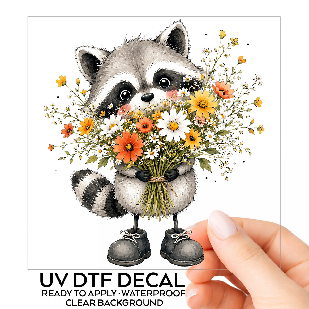 Raccoon Holding Wildflower Bouquet UV DTF sticker on its backing card, held in hand