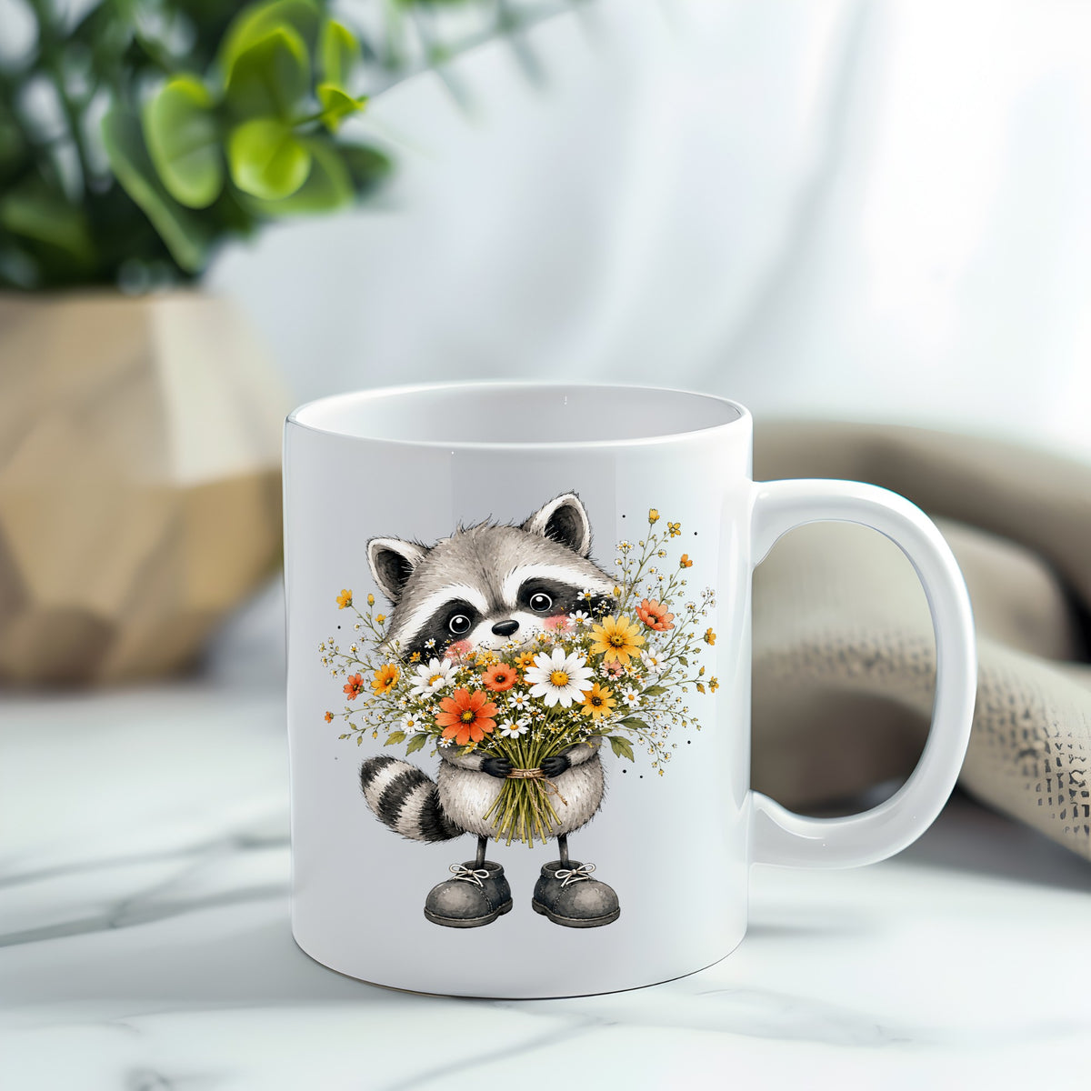 Raccoon Holding Wildflower Bouquet UV DTF sticker applied to a white coffee mug