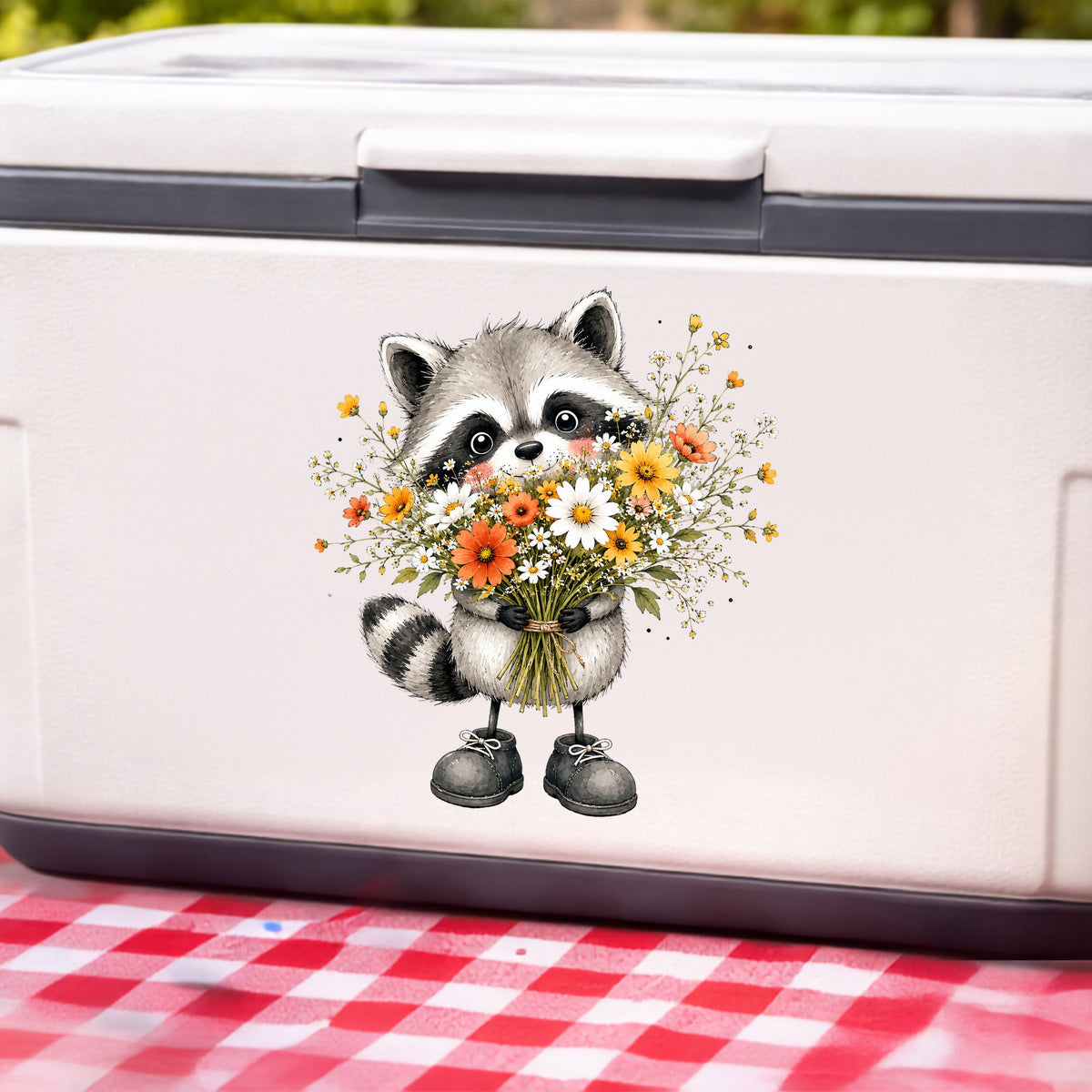 Raccoon Holding Wildflower Bouquet UV DTF sticker applied to a white cooler on a red gingham cloth