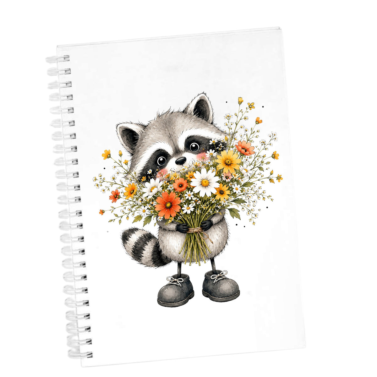 Raccoon Holding Wildflower Bouquet UV DTF sticker applied to the cover of a white spiral journal