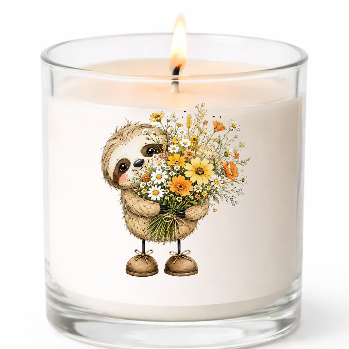 Baby Sloth Holding Wildflower Bouquet UV DTF sticker applied to a white candle in a clear glass jar