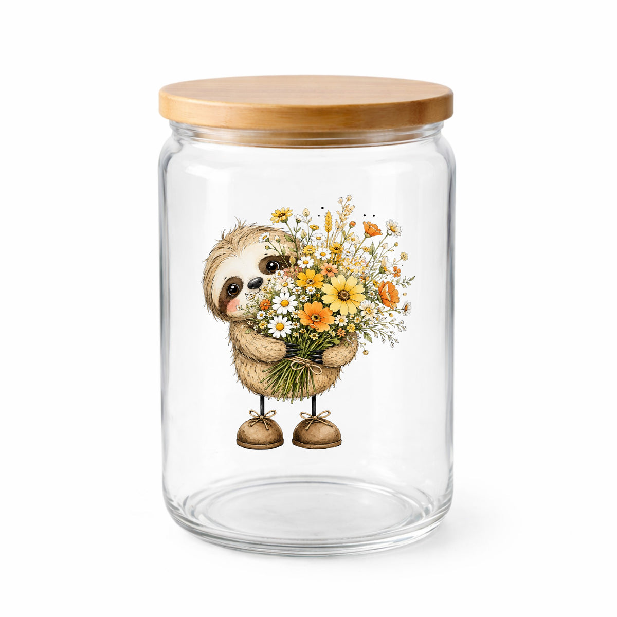 Baby Sloth Holding Wildflower Bouquet UV DTF sticker applied to a clear glass jar with a wooden lid