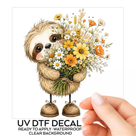 Baby Sloth Holding Wildflower Bouquet UV DTF sticker on its backing card, held in hand