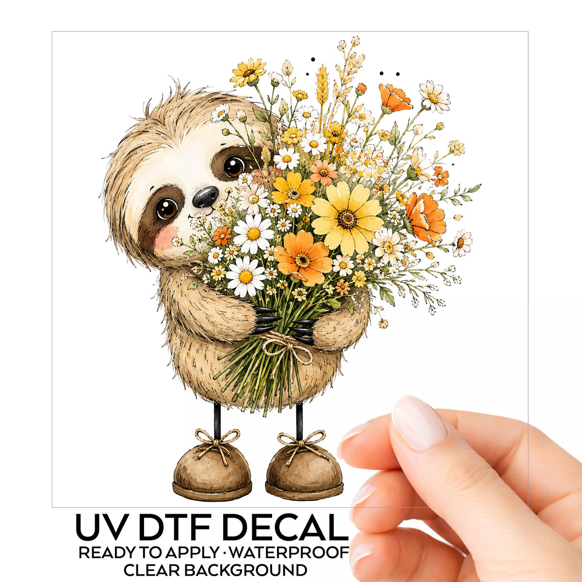 Baby Sloth Holding Wildflower Bouquet UV DTF sticker on its backing card, held in hand