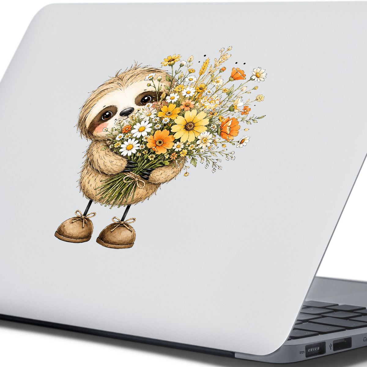 Baby Sloth Holding Wildflower Bouquet UV DTF sticker applied to the lid of a silver laptop