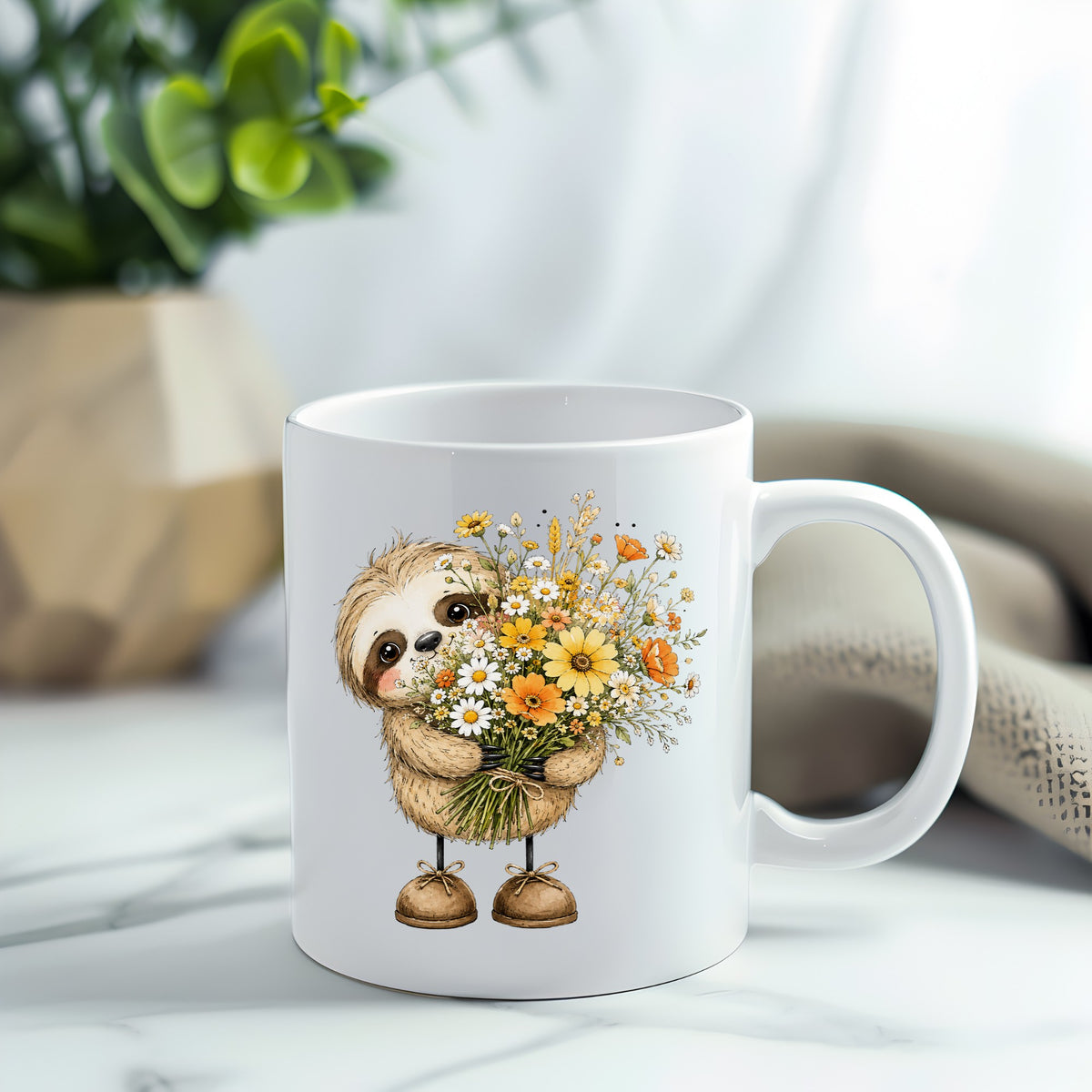 Baby Sloth Holding Wildflower Bouquet UV DTF sticker applied to a white coffee mug