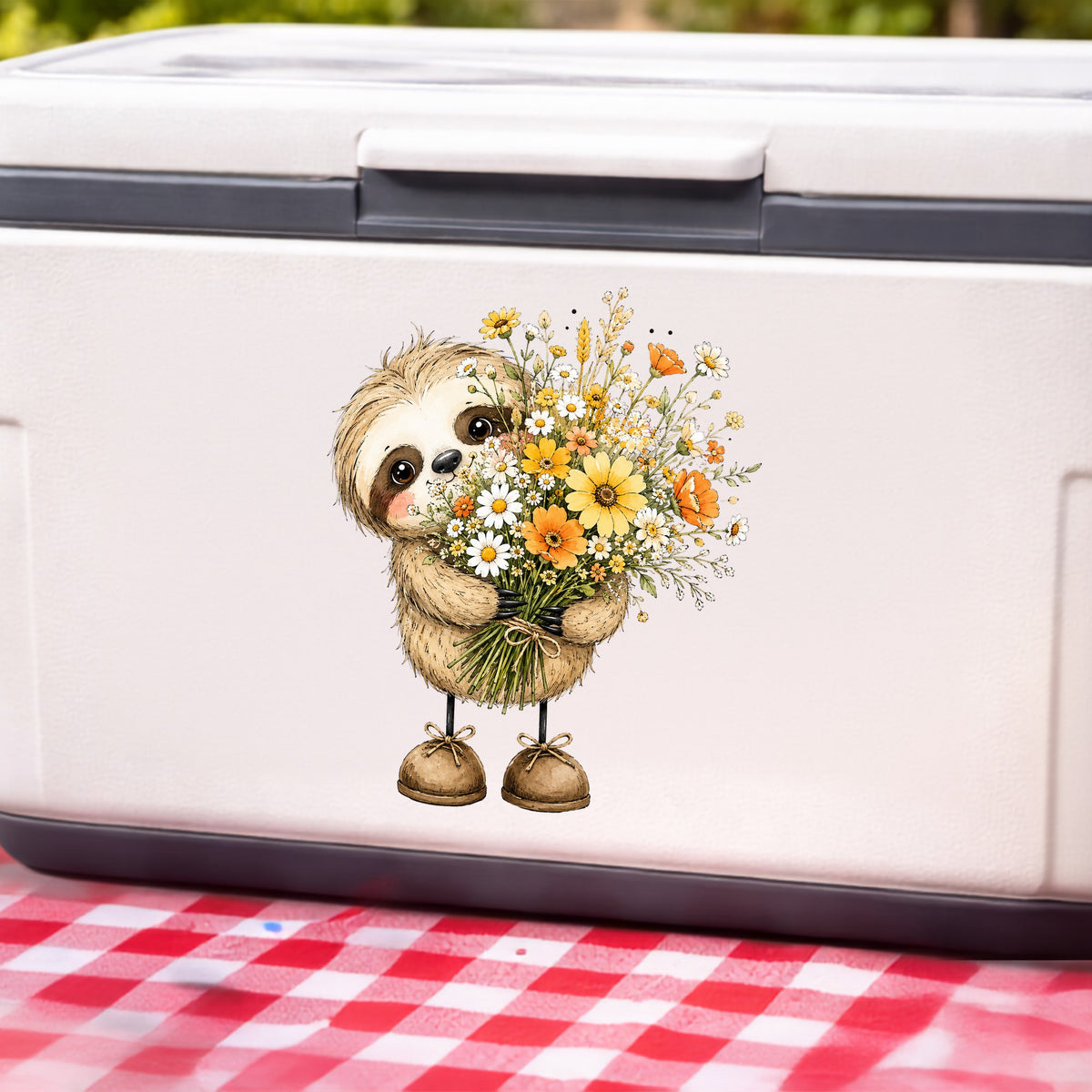 Baby Sloth Holding Wildflower Bouquet UV DTF sticker applied to a white cooler on a red gingham cloth