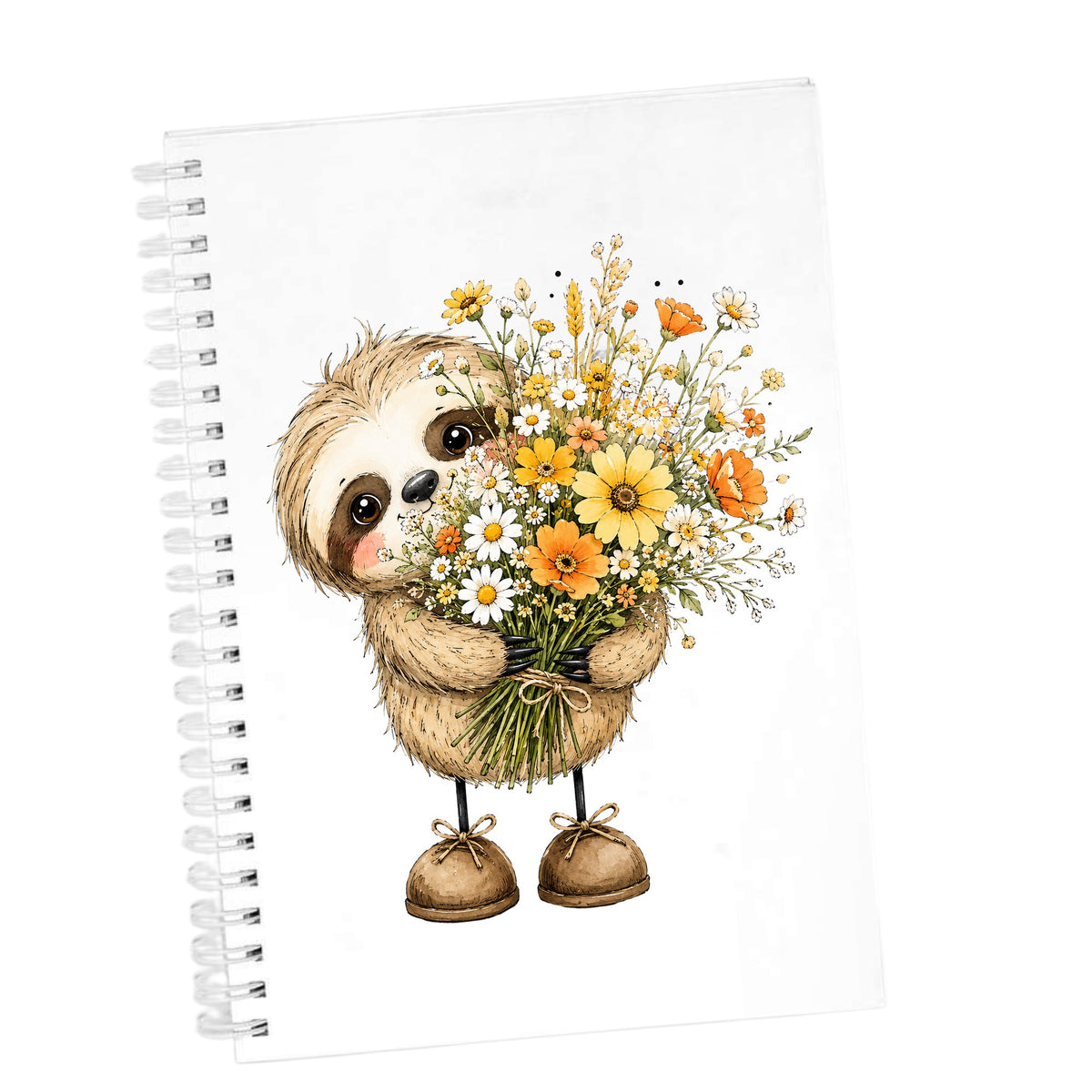 Baby Sloth Holding Wildflower Bouquet UV DTF sticker applied to the cover of a white spiral journal