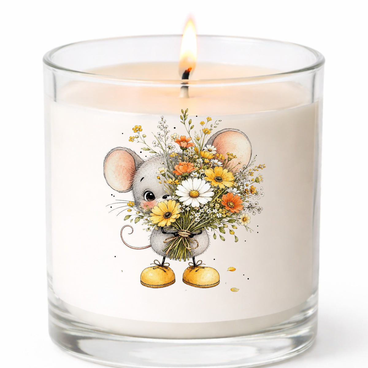 Little Mouse Holding Daisy Bouquet UV DTF sticker applied to a white candle in a clear glass jar
