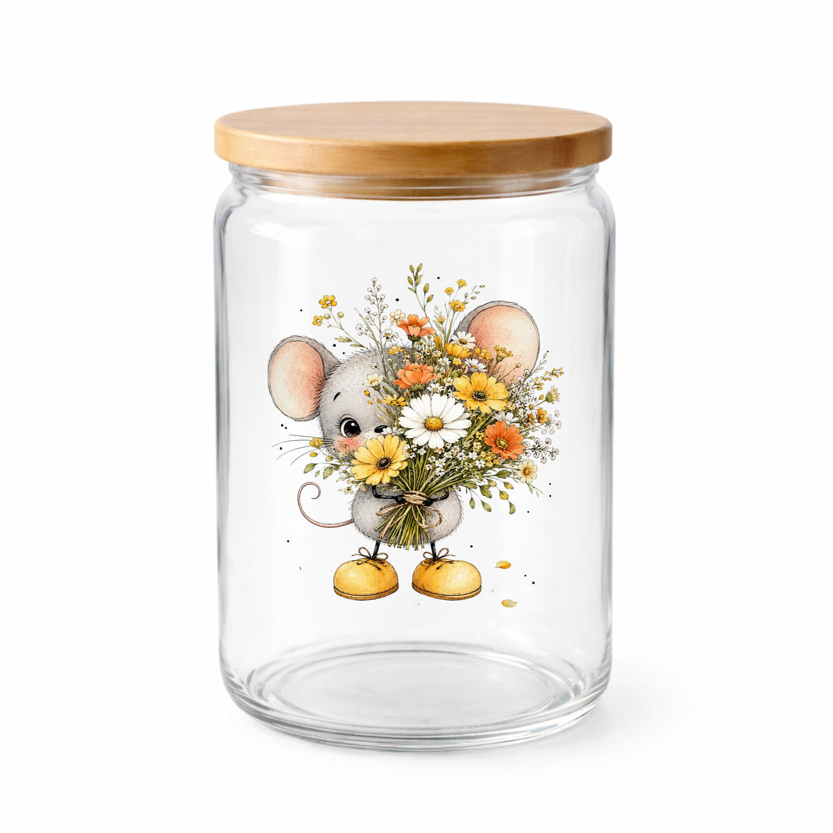 Little Mouse Holding Daisy Bouquet UV DTF sticker applied to a clear glass jar with a wooden lid