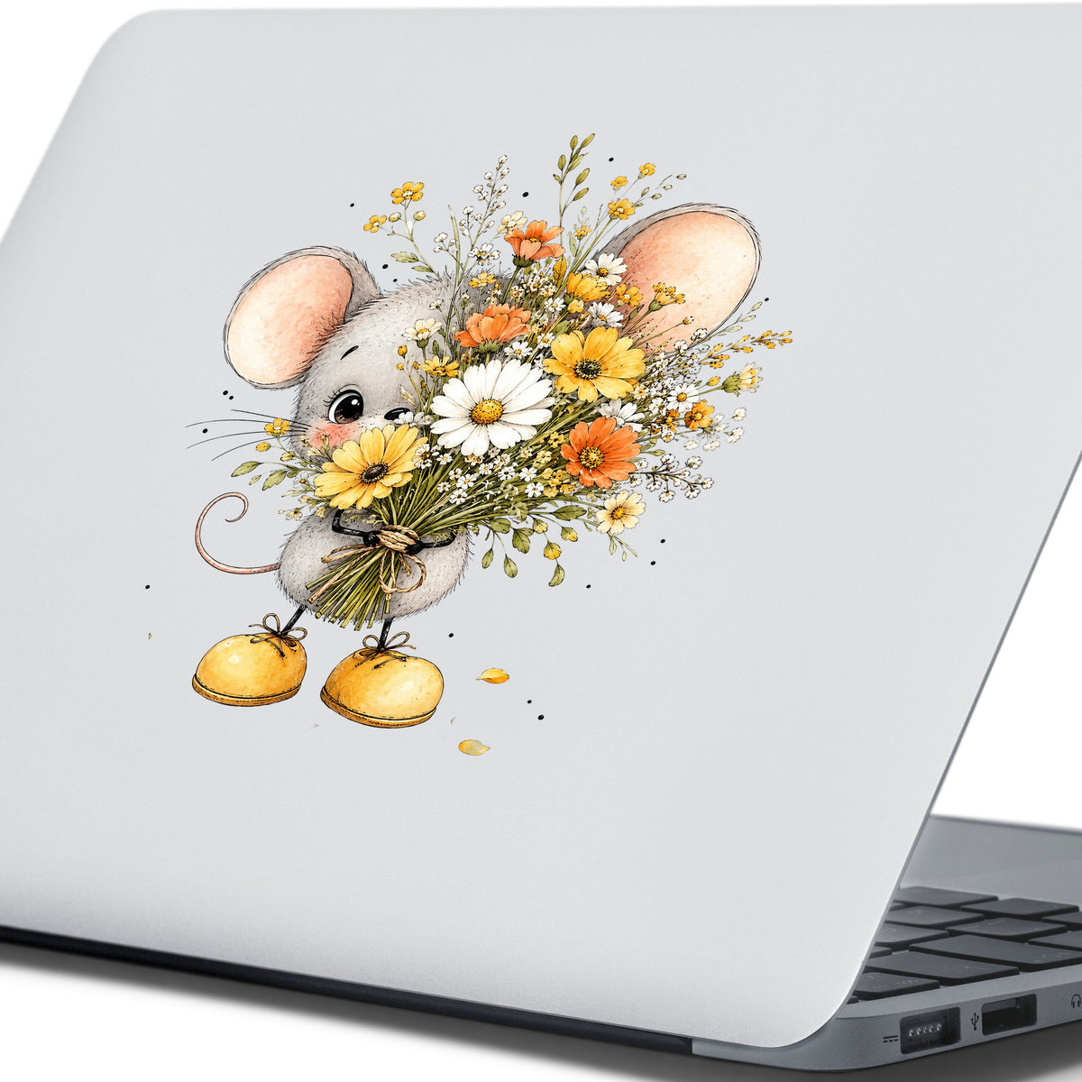 Little Mouse Holding Daisy Bouquet UV DTF sticker applied to the lid of a silver laptop