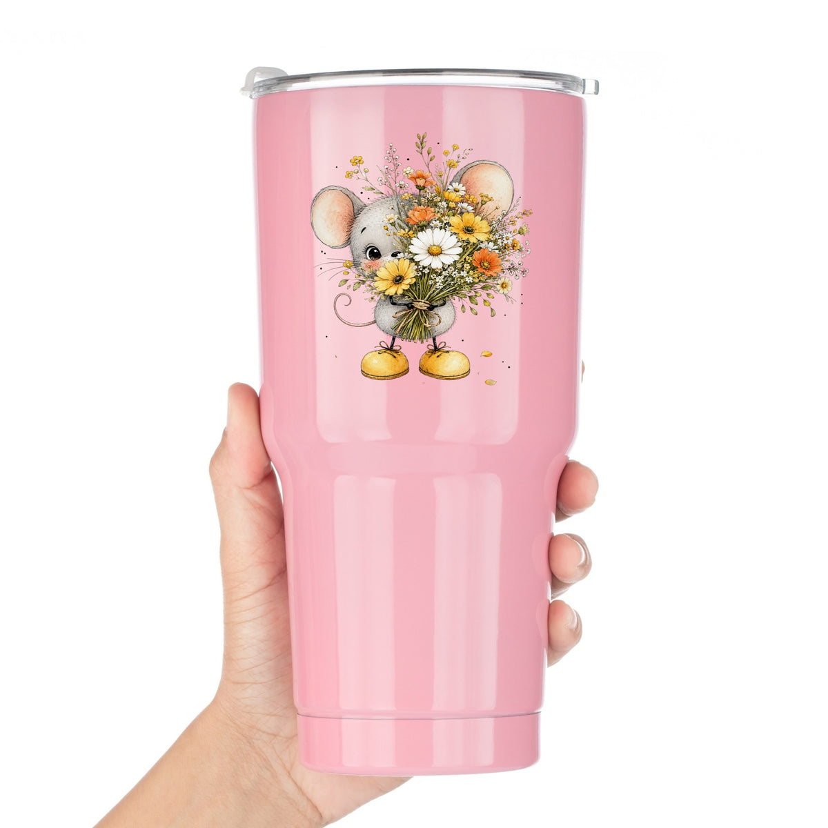 Little Mouse Holding Daisy Bouquet UV DTF sticker applied to a pink tumbler held against a white background