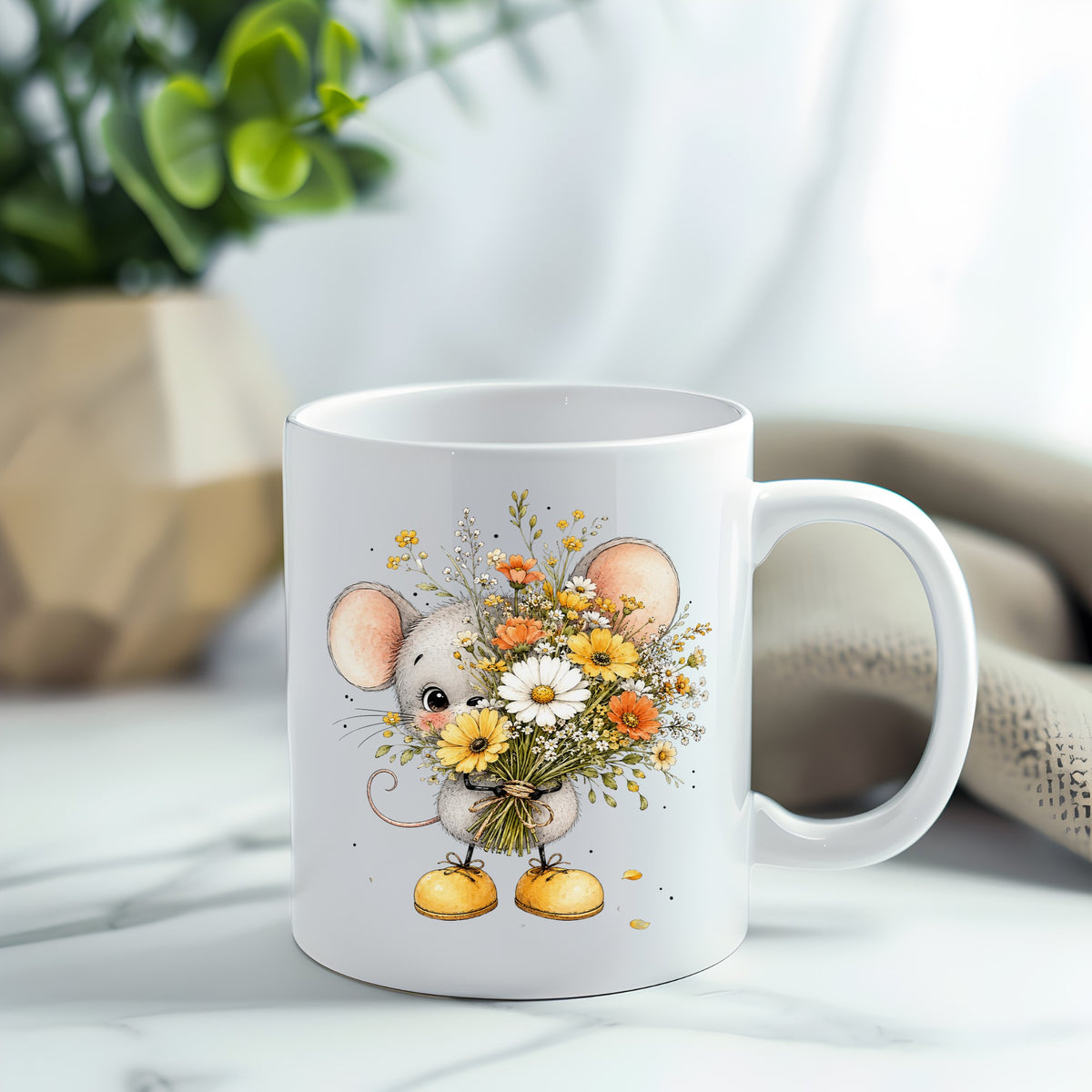 Little Mouse Holding Daisy Bouquet UV DTF sticker applied to a white coffee mug