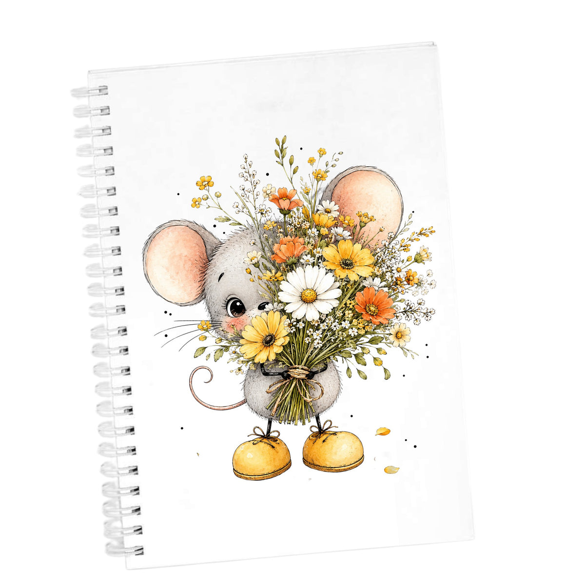 Little Mouse Holding Daisy Bouquet UV DTF sticker applied to the cover of a white spiral journal