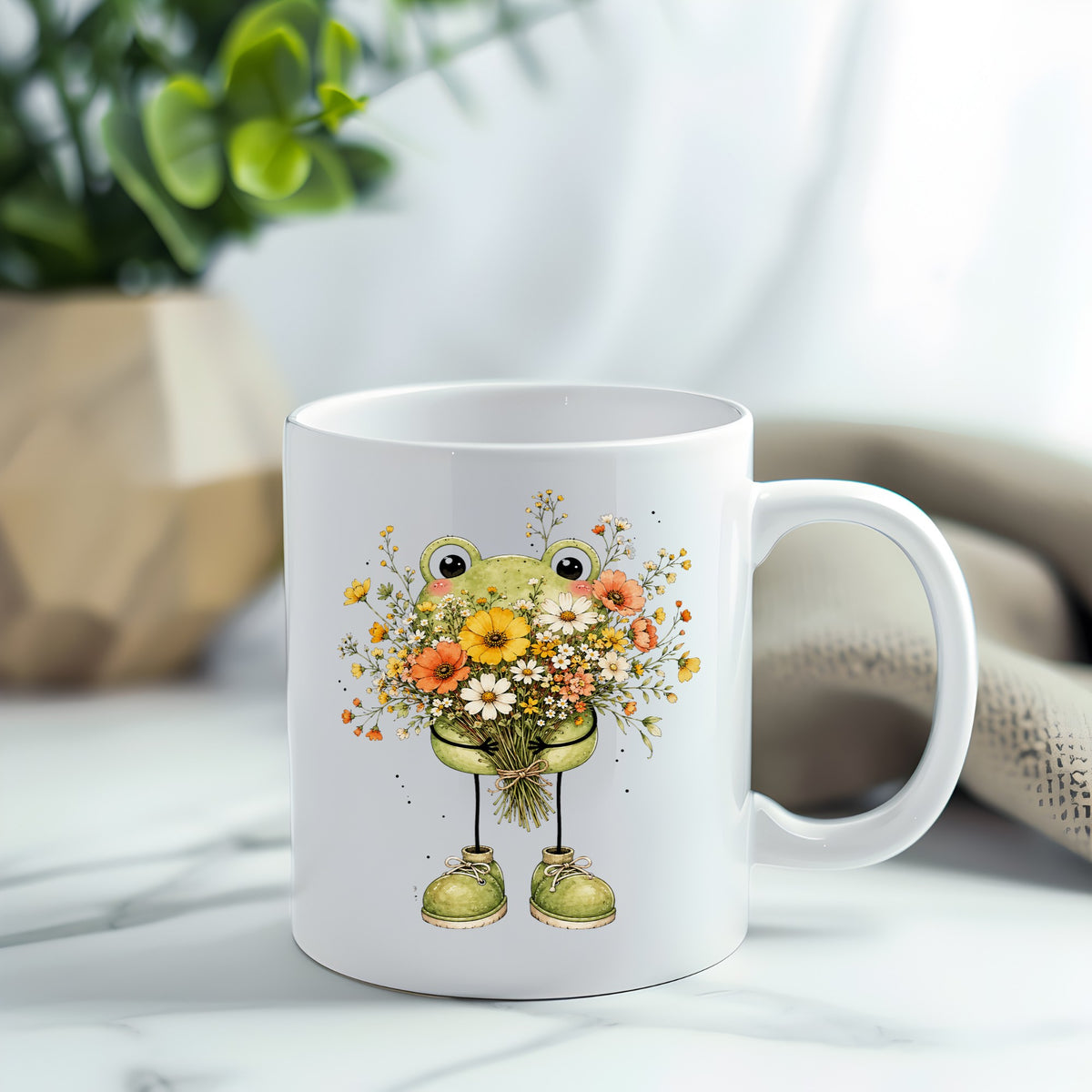 Green Frog Holding Wildflower Bouquet UV DTF sticker applied to a white coffee mug