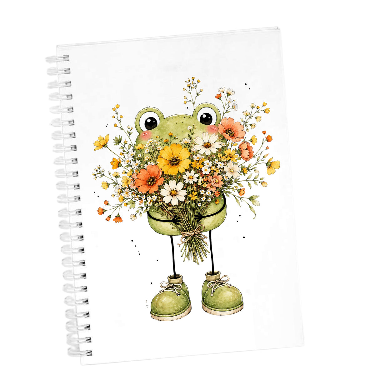 Green Frog Holding Wildflower Bouquet UV DTF sticker applied to the cover of a white spiral journal