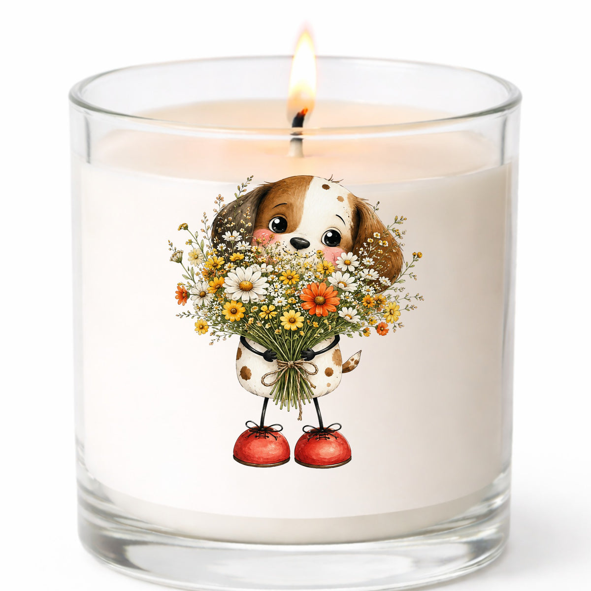Brown Puppy Holding Daisy Bouquet UV DTF sticker applied to a white candle in a clear glass jar