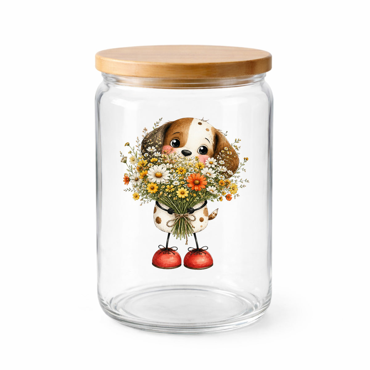 Brown Puppy Holding Daisy Bouquet UV DTF sticker applied to a clear glass jar with a wooden lid