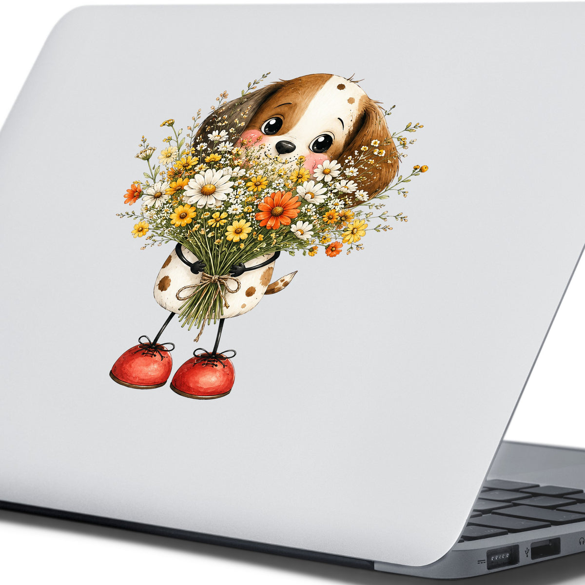 Brown Puppy Holding Daisy Bouquet UV DTF sticker applied to the lid of a silver laptop
