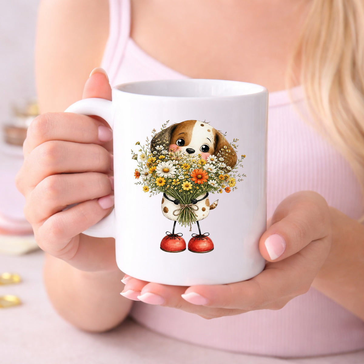 Brown Puppy Holding Daisy Bouquet UV DTF sticker applied to a white coffee mug held in both hands