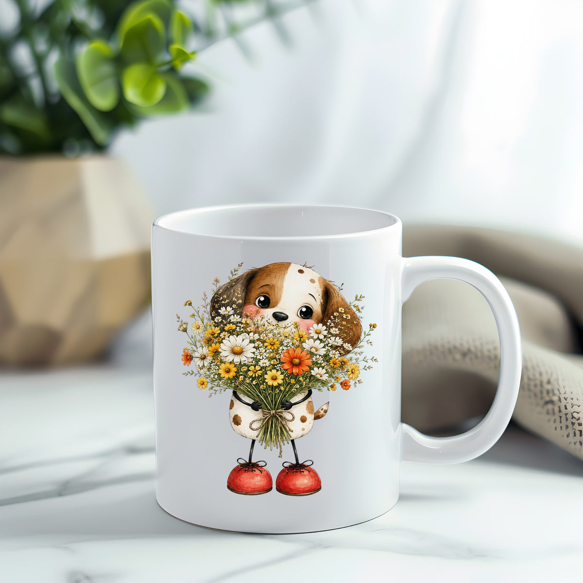 Brown Puppy Holding Daisy Bouquet UV DTF sticker applied to a white coffee mug