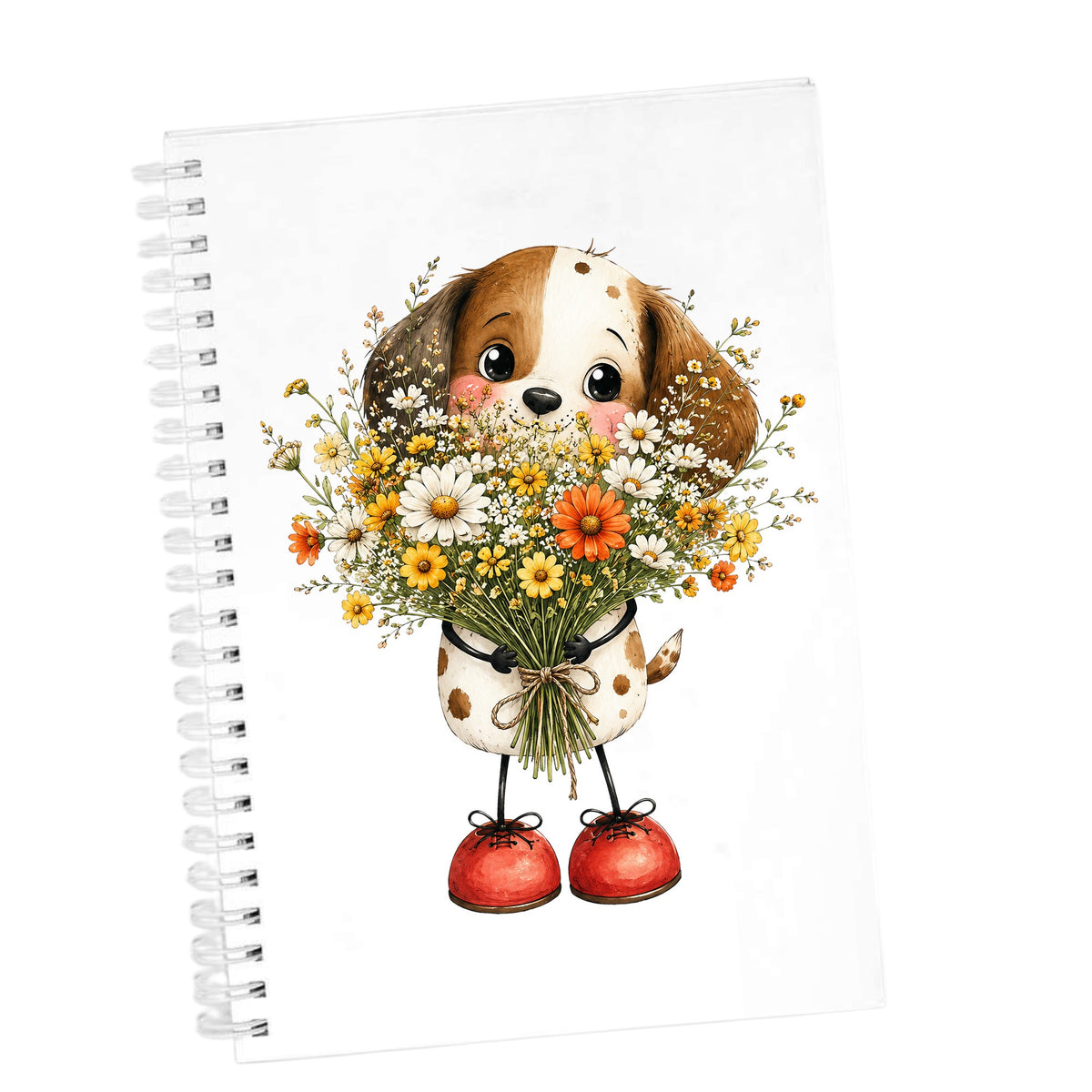 Brown Puppy Holding Daisy Bouquet UV DTF sticker applied to the cover of a white spiral journal