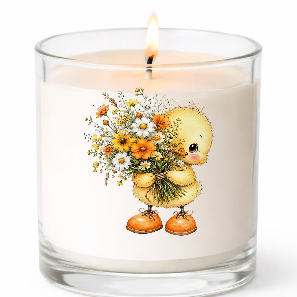 Yellow Duckling Holding Daisy Bouquet UV DTF sticker applied to a white candle in a clear glass jar