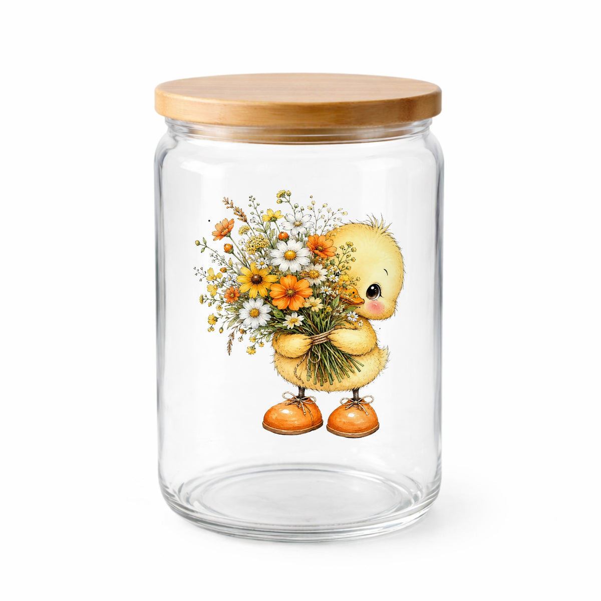 Yellow Duckling Holding Daisy Bouquet UV DTF sticker applied to a clear glass jar with a wooden lid