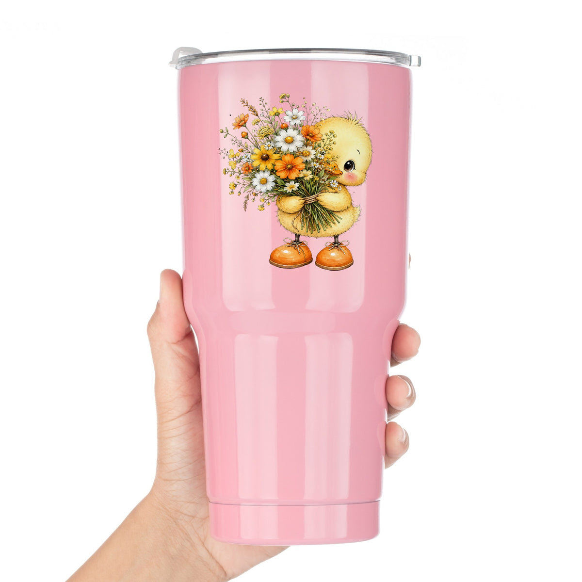 Yellow Duckling Holding Daisy Bouquet UV DTF sticker applied to a pink tumbler held against a white background