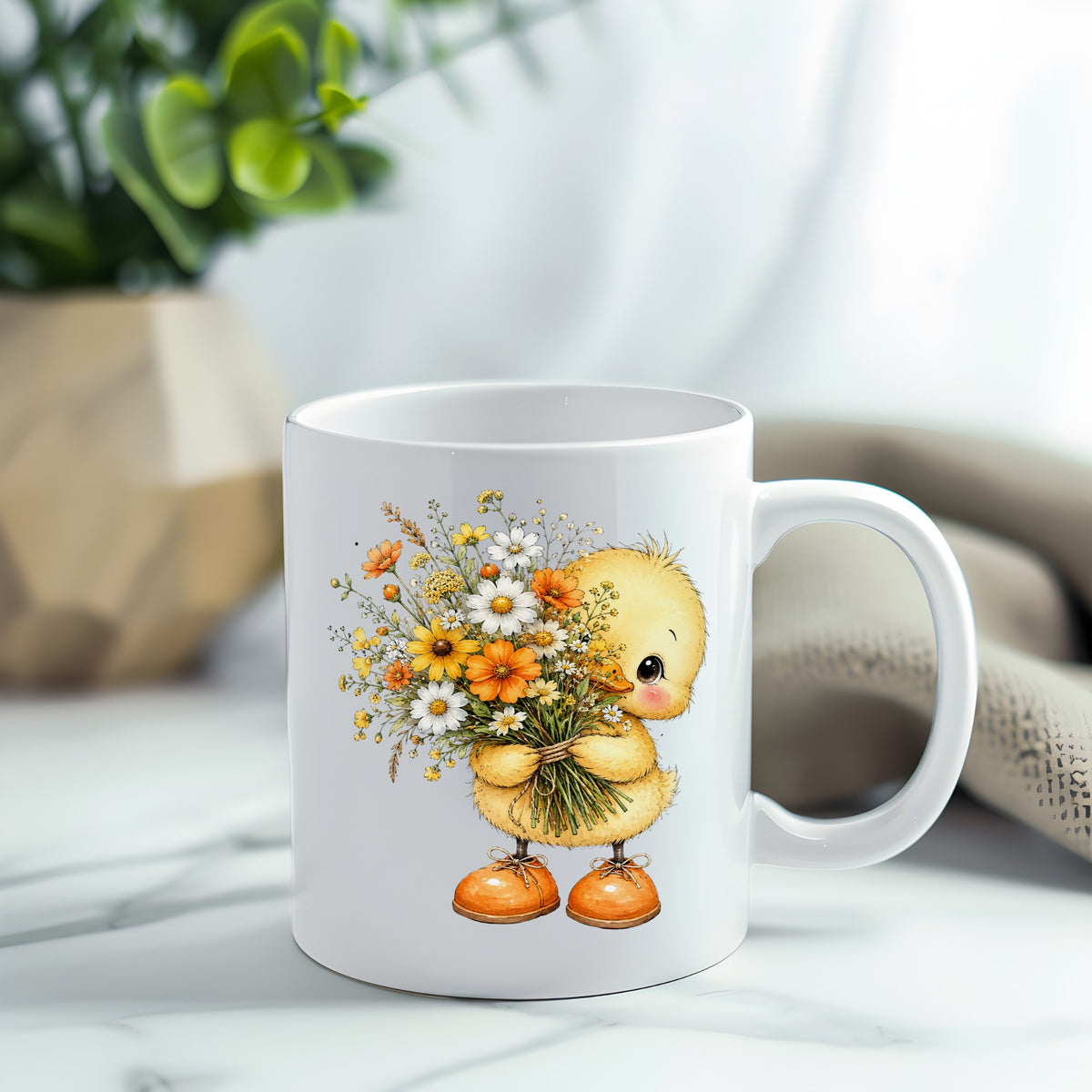 Yellow Duckling Holding Daisy Bouquet UV DTF sticker applied to a white coffee mug