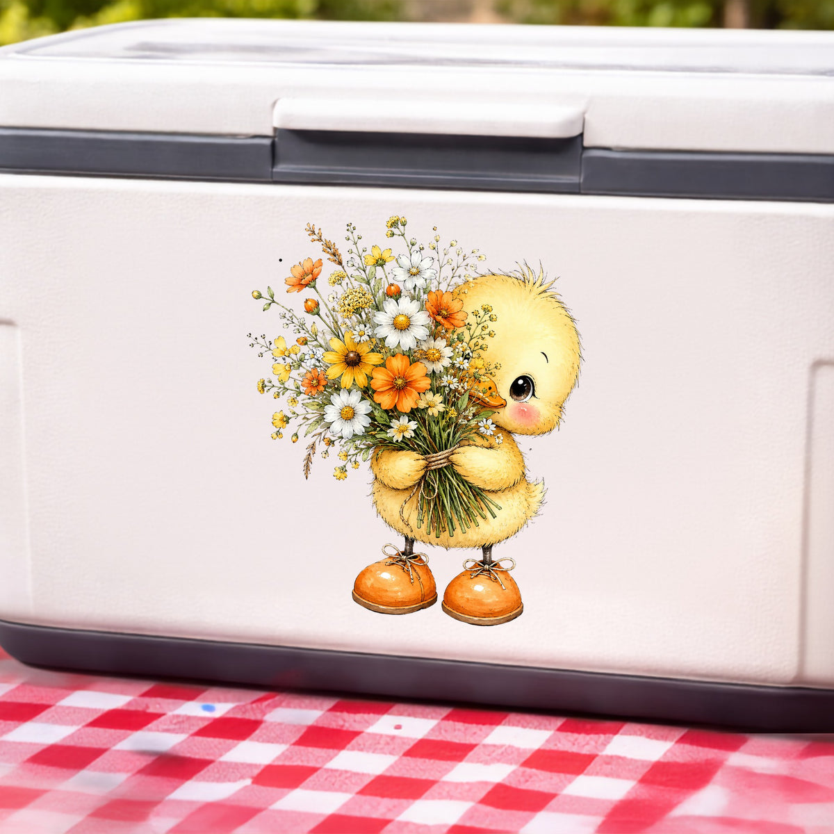Yellow Duckling Holding Daisy Bouquet UV DTF sticker applied to a white cooler on a red gingham cloth