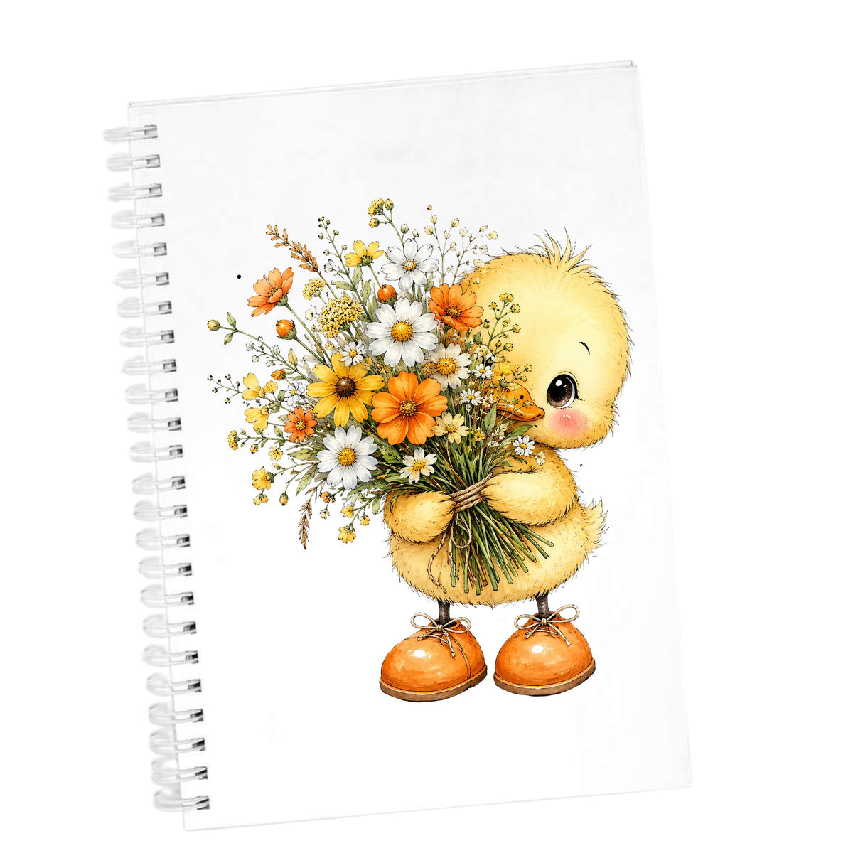 Yellow Duckling Holding Daisy Bouquet UV DTF sticker applied to the cover of a white spiral journal