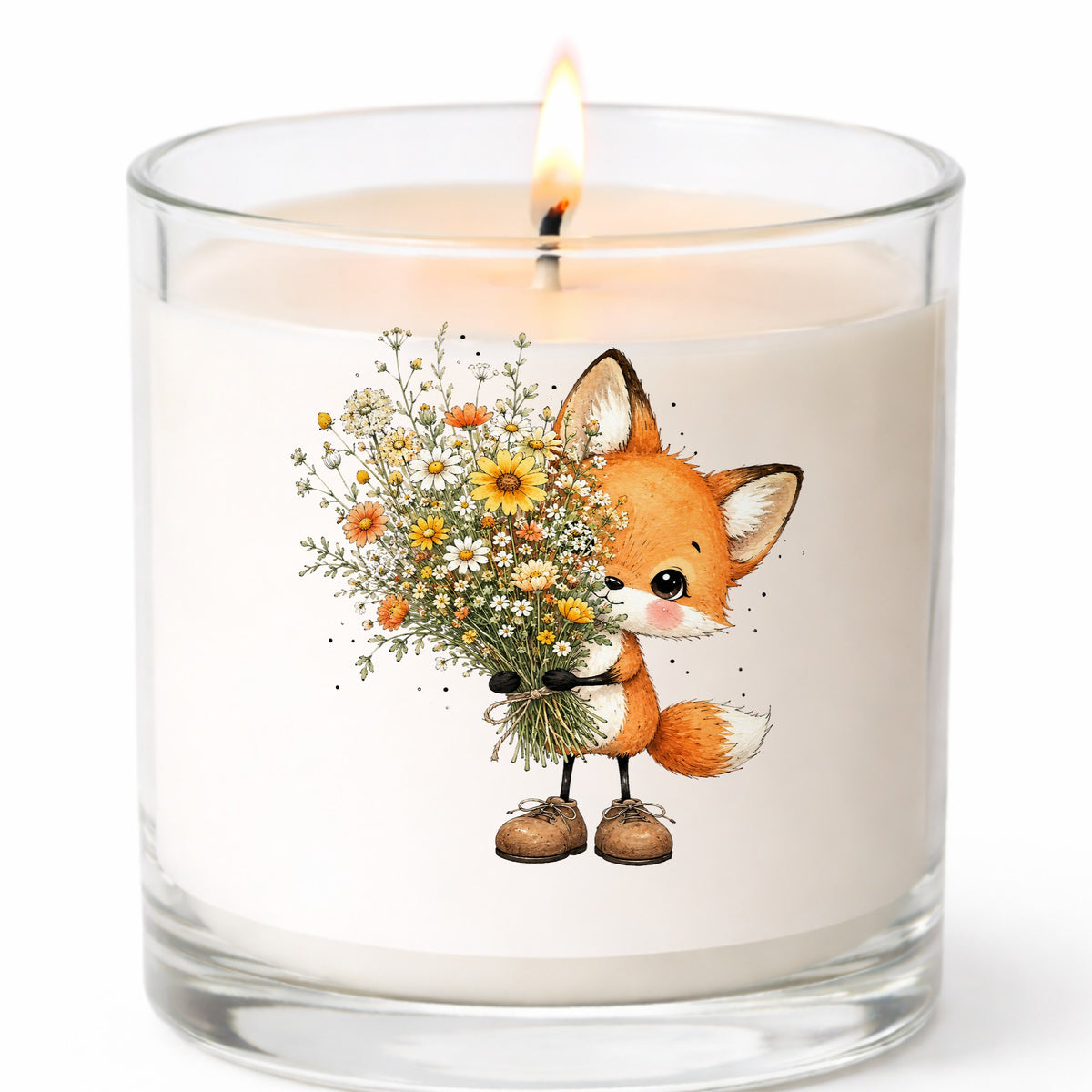 Baby Fox Holding Wildflower Bouquet UV DTF sticker applied to a white candle in a clear glass jar