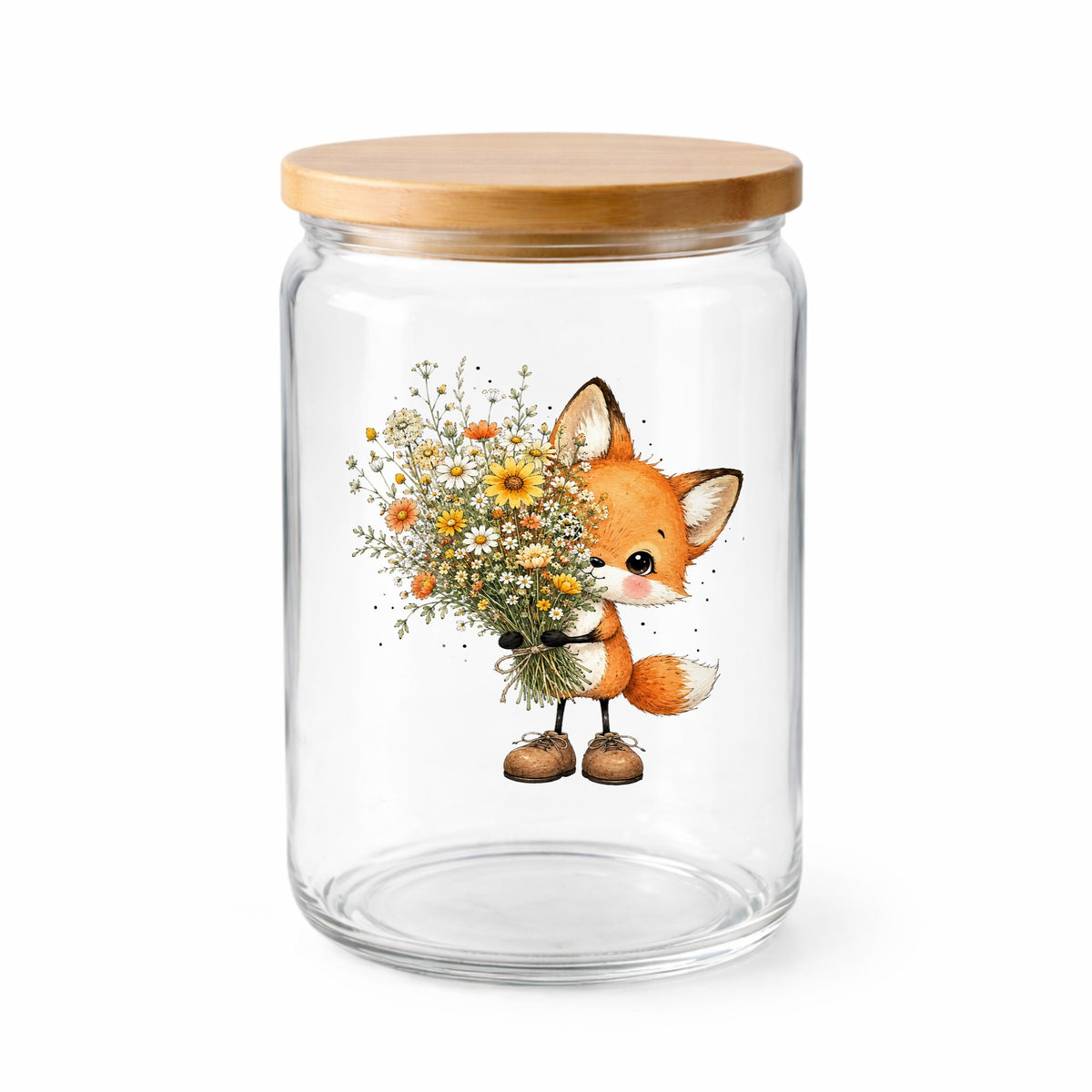 Baby Fox Holding Wildflower Bouquet UV DTF sticker applied to a clear glass jar with a wooden lid
