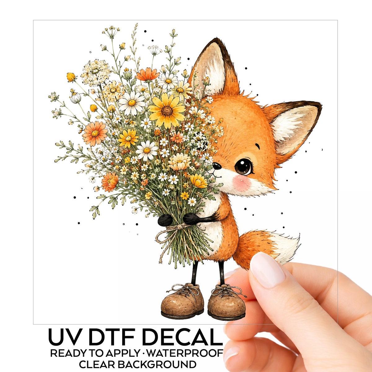 Baby Fox Holding Wildflower Bouquet UV DTF sticker on its backing card, held in hand