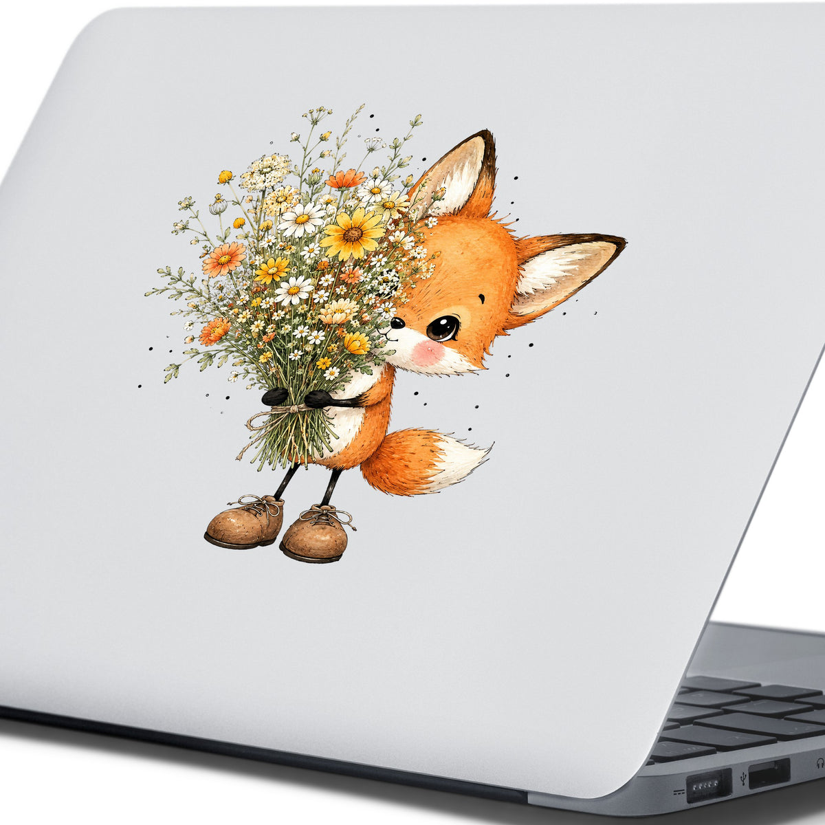 Baby Fox Holding Wildflower Bouquet UV DTF sticker applied to the lid of a silver laptop