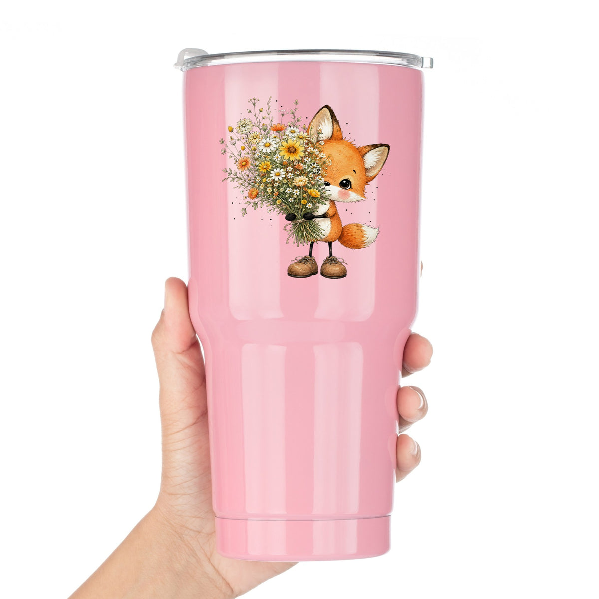 Baby Fox Holding Wildflower Bouquet UV DTF sticker applied to a pink tumbler held against a white background