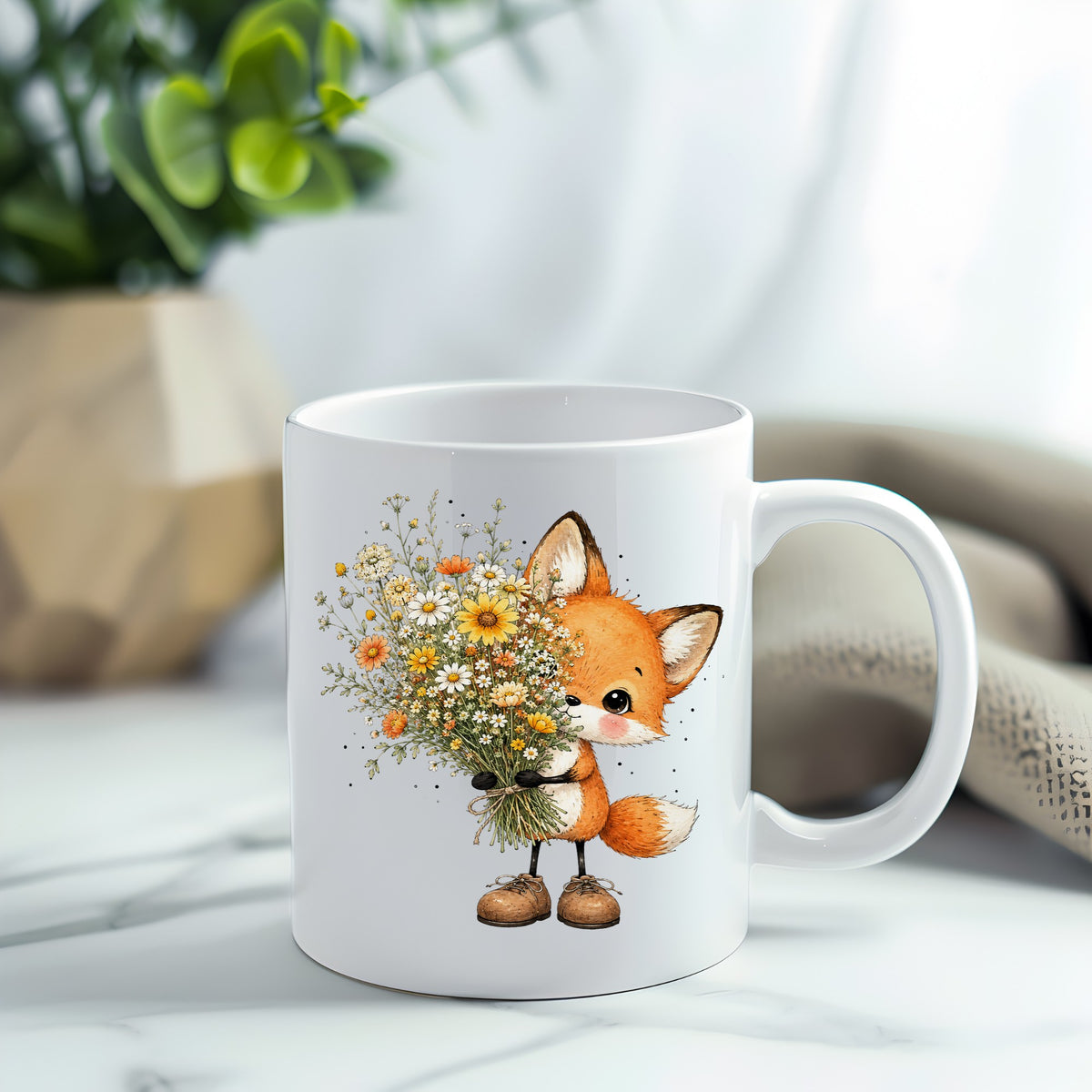 Baby Fox Holding Wildflower Bouquet UV DTF sticker applied to a white coffee mug