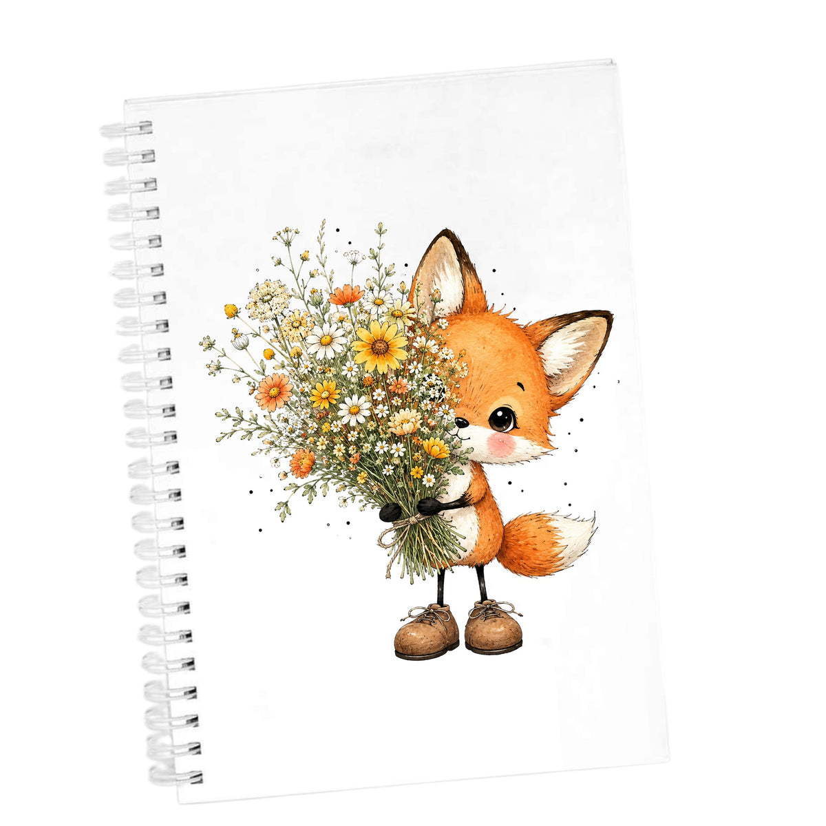 Baby Fox Holding Wildflower Bouquet UV DTF sticker applied to the cover of a white spiral journal