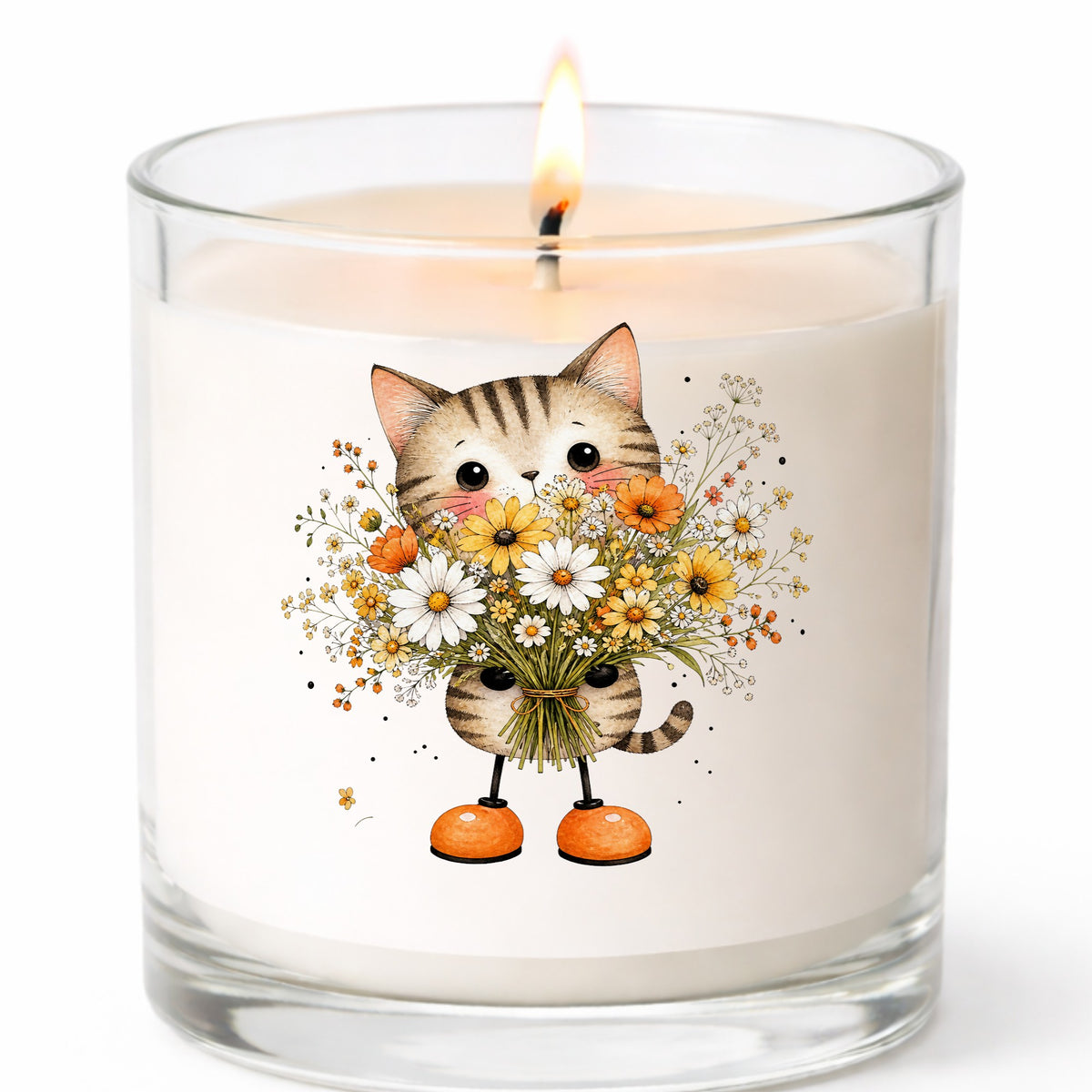 Tabby Cat Holding Daisy Bouquet UV DTF sticker applied to a white candle in a clear glass jar