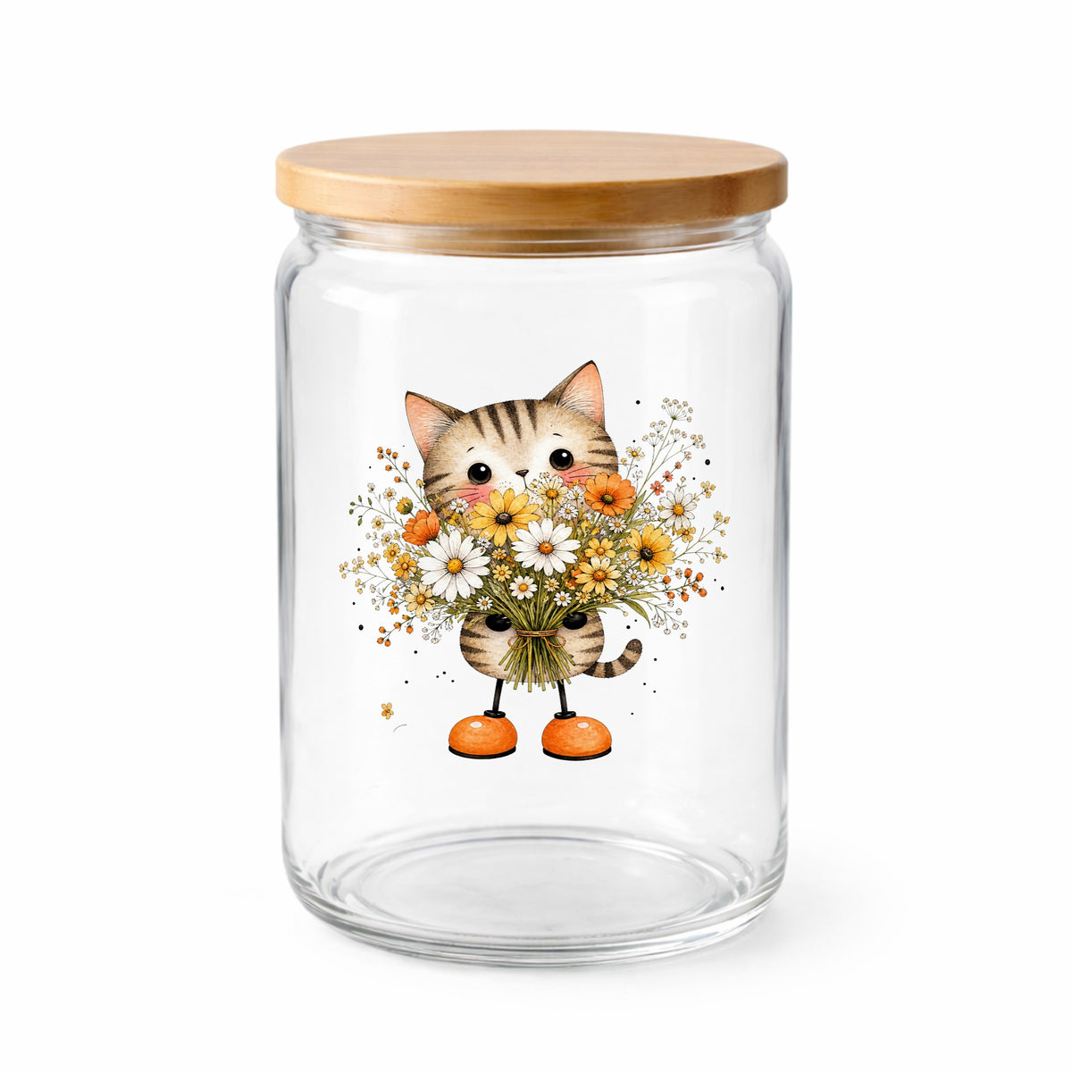 Tabby Cat Holding Daisy Bouquet UV DTF sticker applied to a clear glass jar with a wooden lid