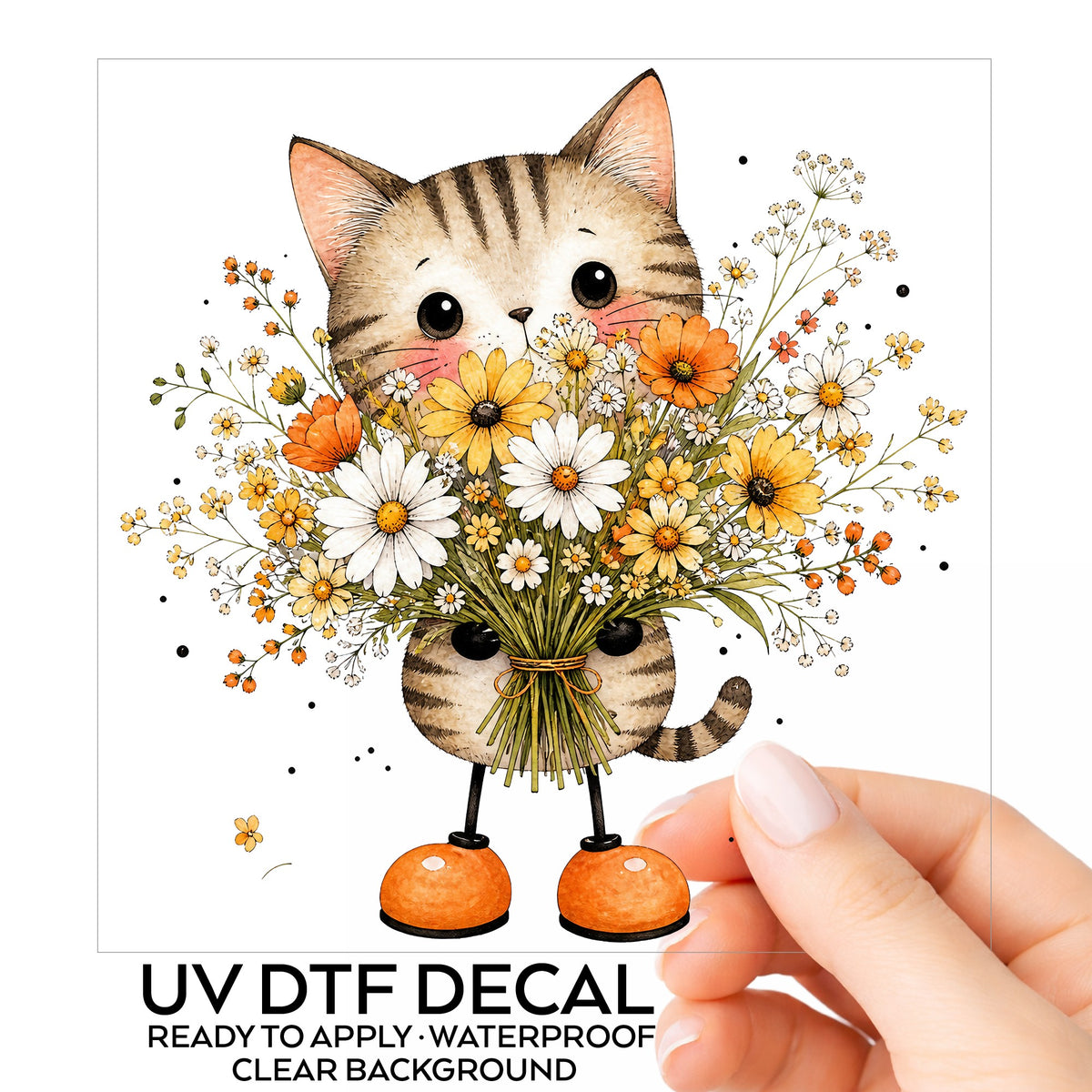 Tabby Cat Holding Daisy Bouquet UV DTF sticker on its backing card, held in hand