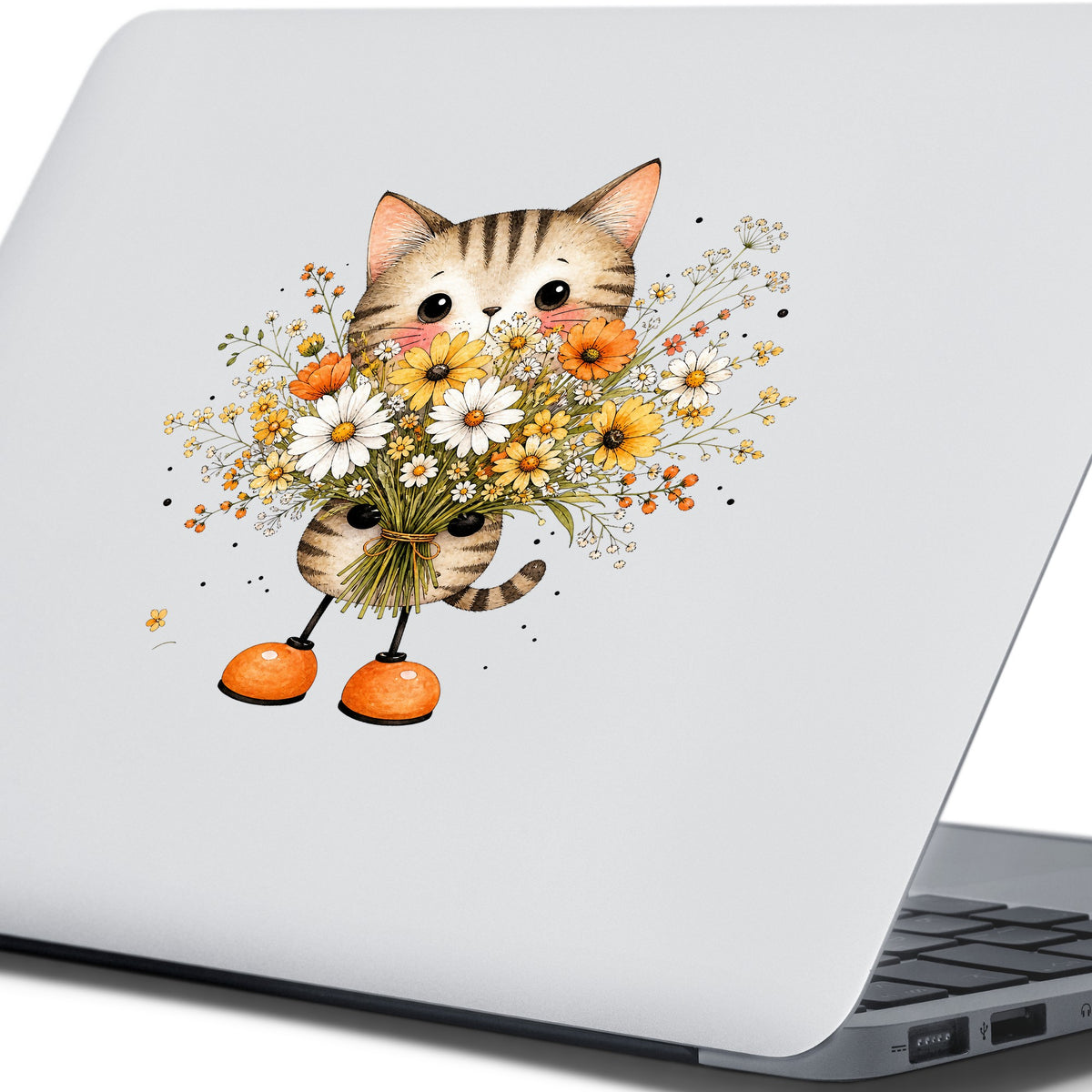 Tabby Cat Holding Daisy Bouquet UV DTF sticker applied to the lid of a silver laptop