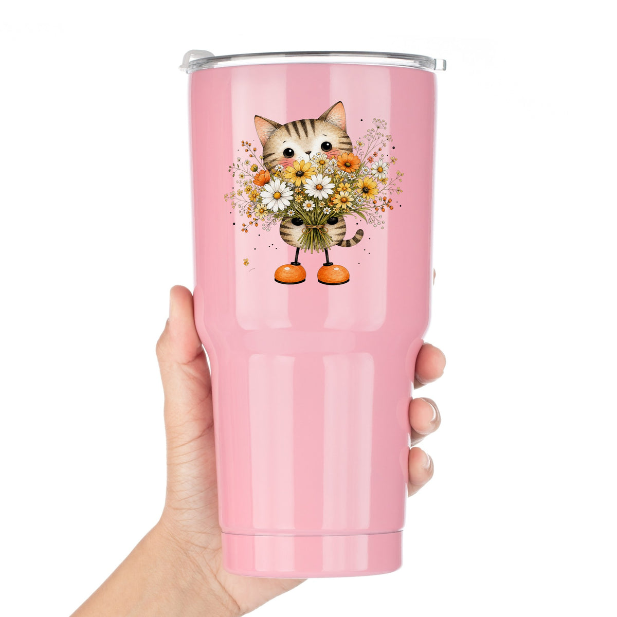 Tabby Cat Holding Daisy Bouquet UV DTF sticker applied to a pink tumbler held against a white background